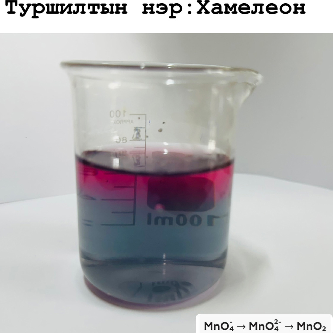 Туршилтын нэр: Хамелеон. Хэрэглэгдэхүүн: Ус, KMnO4, NaOH, цилиндр сав